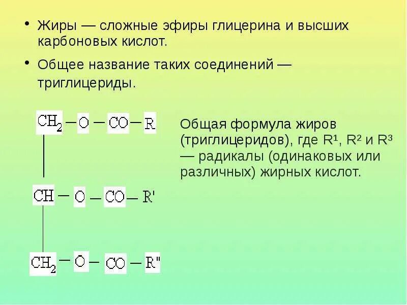 Общее название жиров. Жиры это сложные эфиры глицерина и высших карбоновых кислот. Жиры формула. Жиры формула химическая. Формула жира в химии.