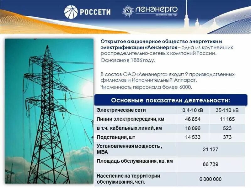 Россети московская телефон горячей. Южные электрические сети Ленэнерго. ОАО энергетики и электрификации "Ленэнерго". Презентация энергетической компании. Энергетика в России предприятия.