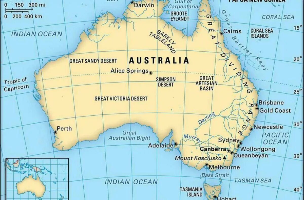 Карта Австралии. Карта Австралии на английском языке. Заливы Австралии на карте.
