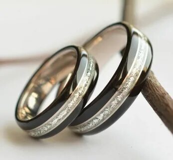 Wood rings made from ebony with silver flakes and double german silver inla...