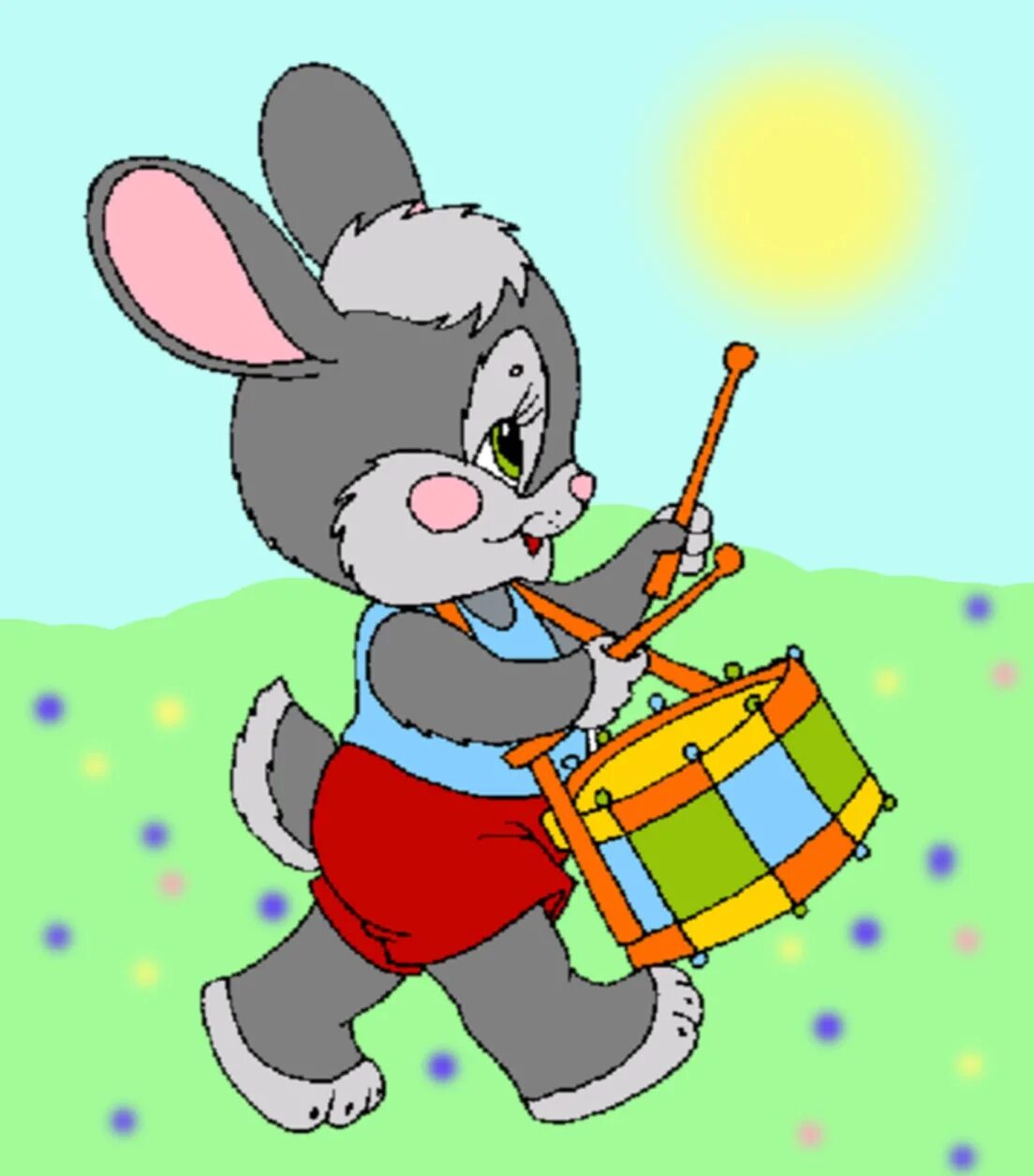 Зайчик с барабаном. Звери с музыкальными инструментами. Заяц барабанит. Барабан для зайчонка.