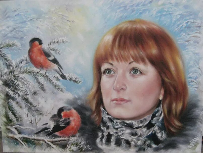 Зимний портрет живопись. Рябина зимой. Анастасия добровольская фотограф лисички. Лера огонек снегири. Девушка со снегирями.