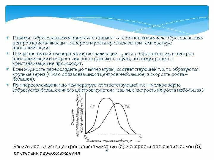 Изменение скорости роста. Число центров кристаллизации и скорость роста кристаллов. Зависимость кристаллов от температуры. Зависимость скорости роста кристаллов от степени переохлаждения. Скорость кристаллизации зависит от.