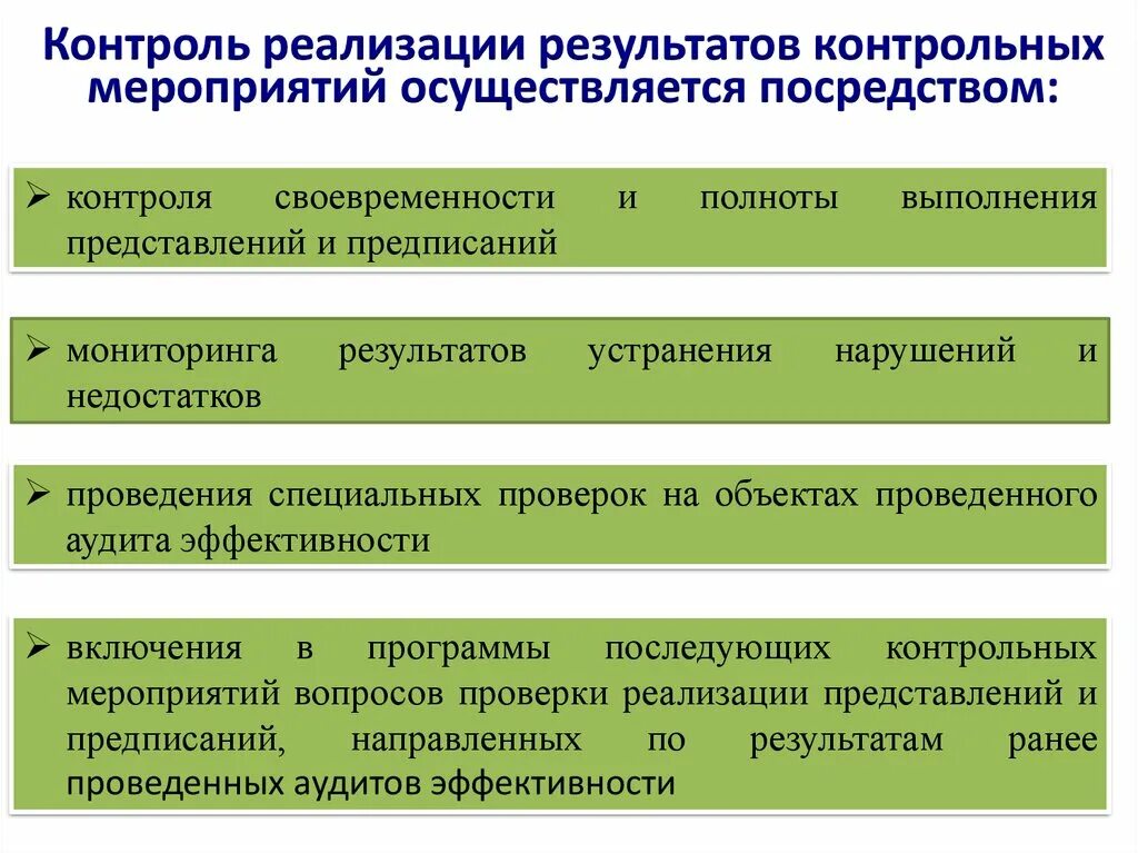 Особенности реализации контроля. Реализация результатов контрольного мероприятия. Этапы организации контрольных мероприятий. Этапы проведения контрольного мероприятия. Результаты контрольных мероприятий.