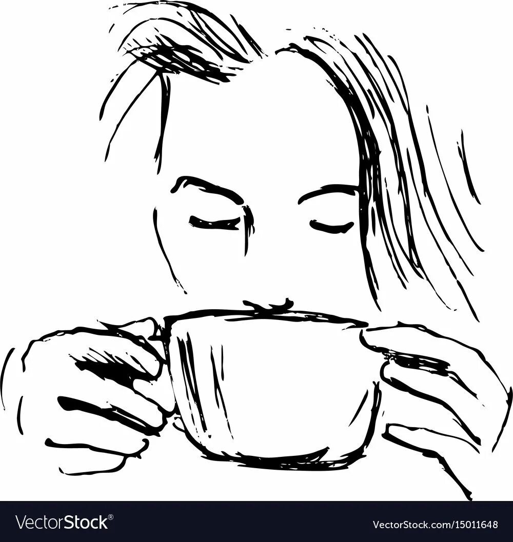 Девушка пьет кофе. Скетч девушка с кофе. Картинки для срисовки кофе. Силуэт пьет чай. Пьет чай рисунок