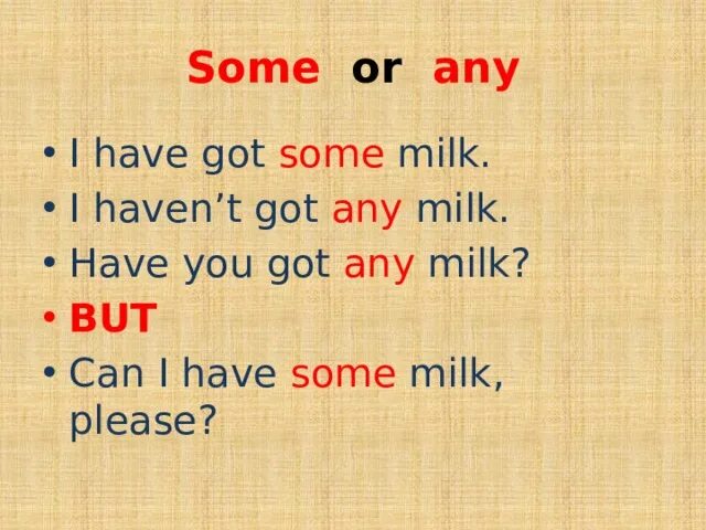 Is there some milk left. Have you got some или any. Have got some any. Can i have some или any. Some Milk или any Milk.