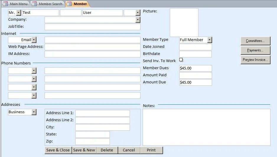Dashboard access. Access contact database template. database &quot;membership in the club&quot;. database &quot;membership in the club&quot; example interface.