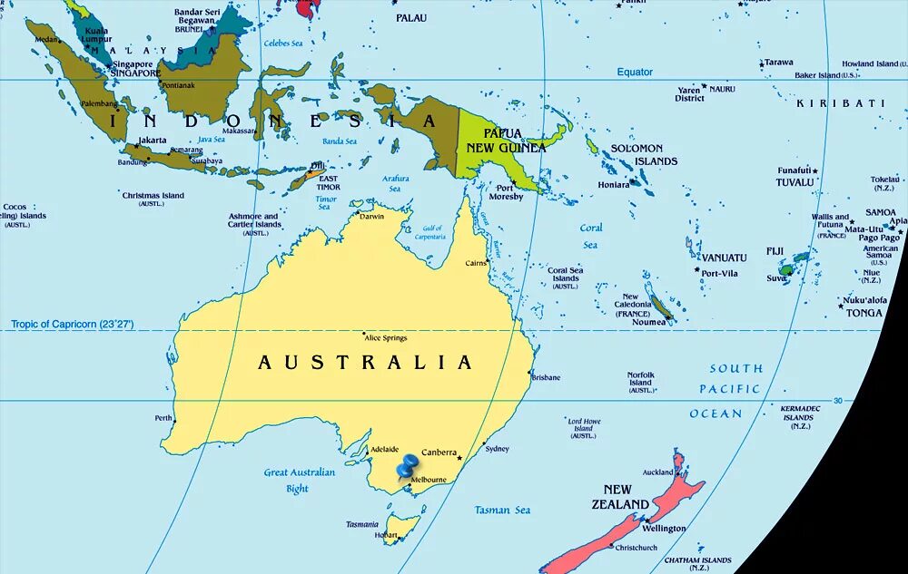 Страны океании австралия и новая зеландия. Политическая карта Австралии и Океании. Новая Гвинея на карте Австралии.