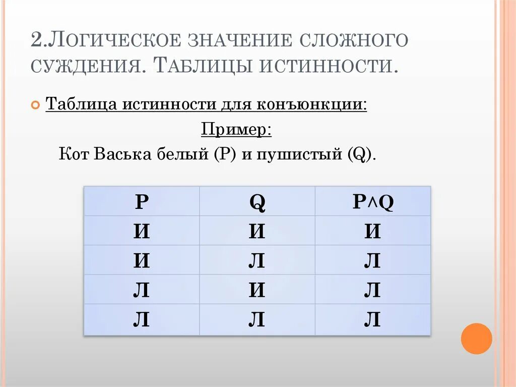 Установите истинность суждений почти все железы. Конъюнктивная таблица истинности. таблица истинности сложных суждений. сложные суждения в логике. таблица истинности сложных суждений в логике с примерами.