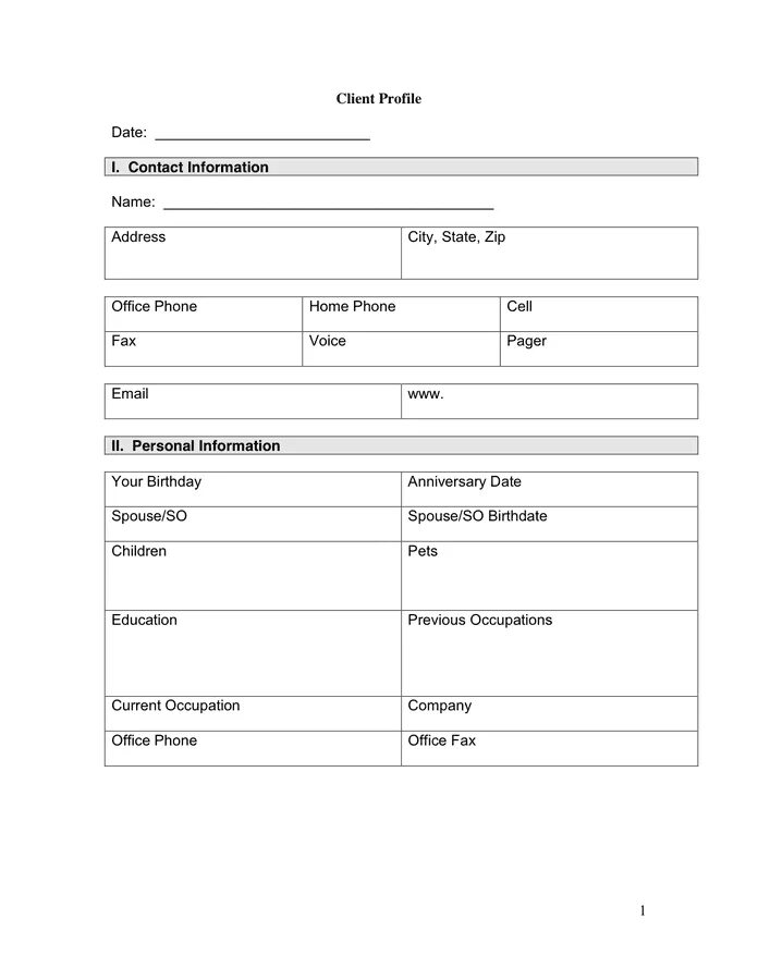 Profile form. Client profile.