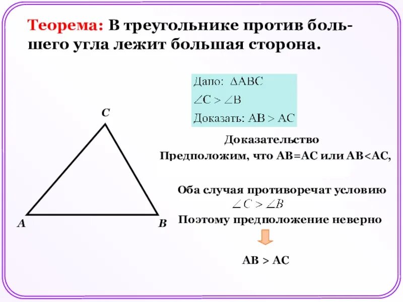 Теорема в треугольнике против большей стороны лежит больший угол. Соотношение между сторонами и углами треугольника доказательство. В треугольнике против большего угла лежит больший угол. Теорема о соотношении между сторонами и углами.