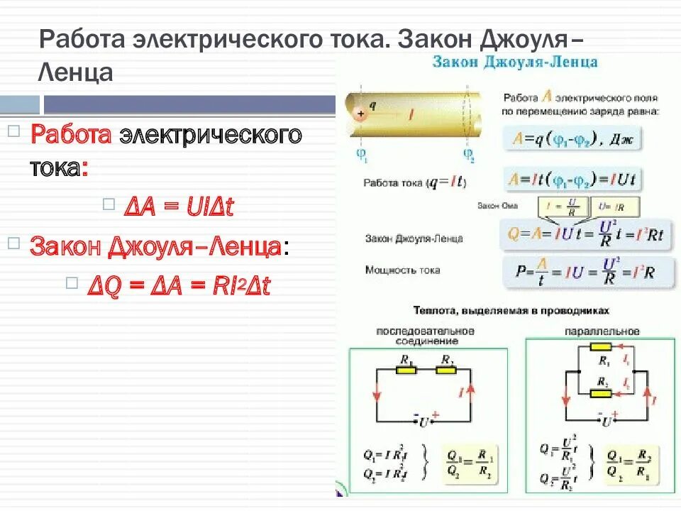 Постоянный электрический ток формула физика. Работа и мощность постоянного тока закон Джоуля-Ленца. Формула работы постоянного электрического тока. Работа электрического тока формула 8 класс.