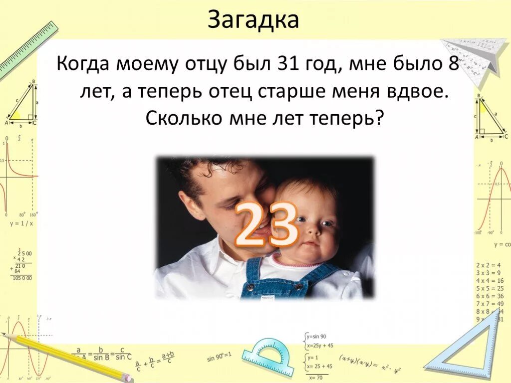 Загадка про задачу. Загадка про отца. Когда моему отцу был 31 год мне было 8 а теперь отец старше меня вдвое. Отец моего отца загадка. Отец старше меня вдвое