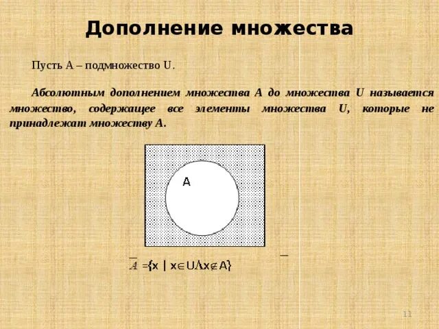 Дополнение множества это. Дополнение в теории множеств. относительное дополнение множества. дополнение множеств множеств. дополнение дополнения множества.