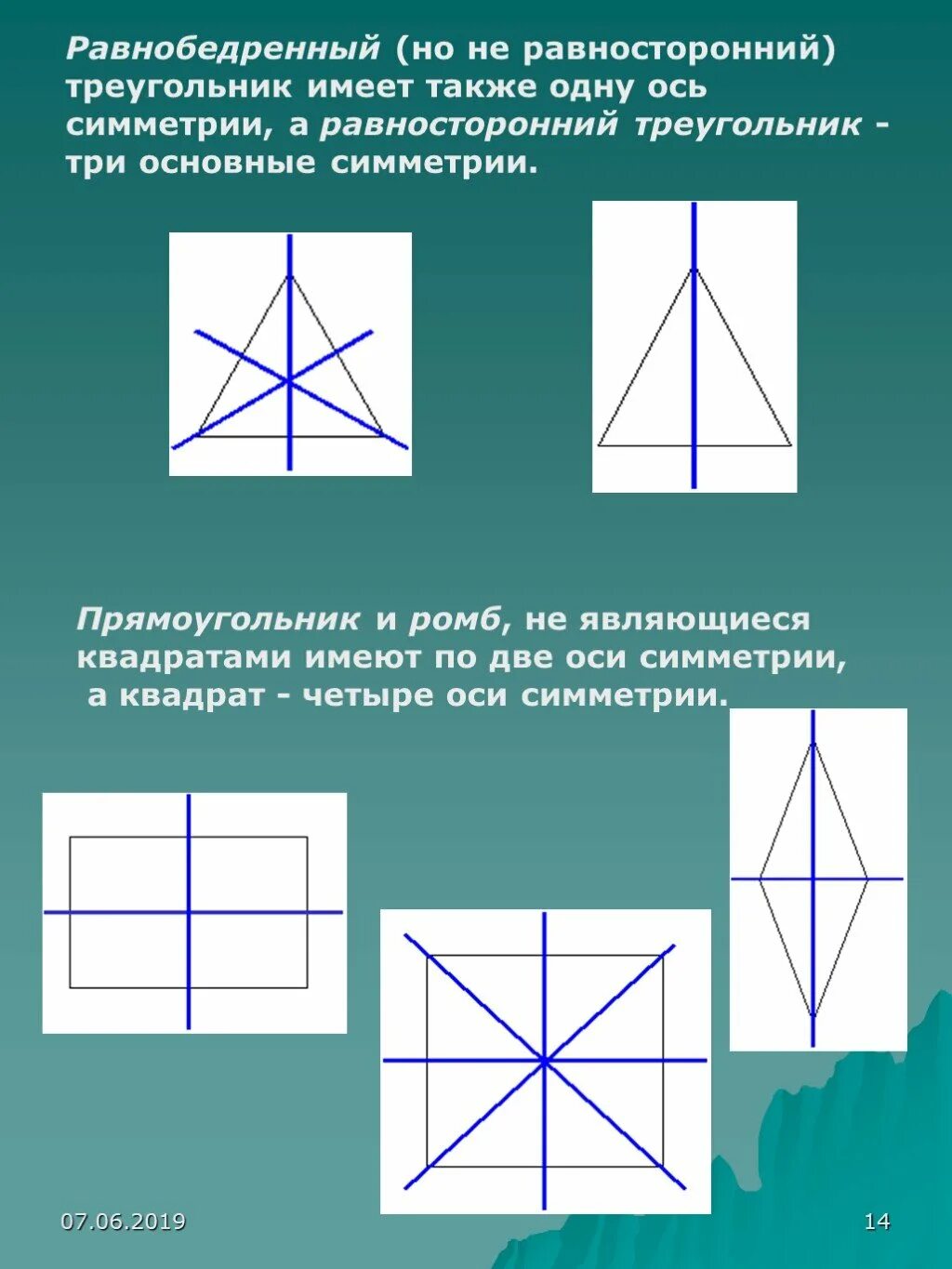 Оси симметрии квадрата. ОСБ симметрии в треугольнике. ОСТ симетрии треугольника. ОСТ стмметрии у прямоугольник.