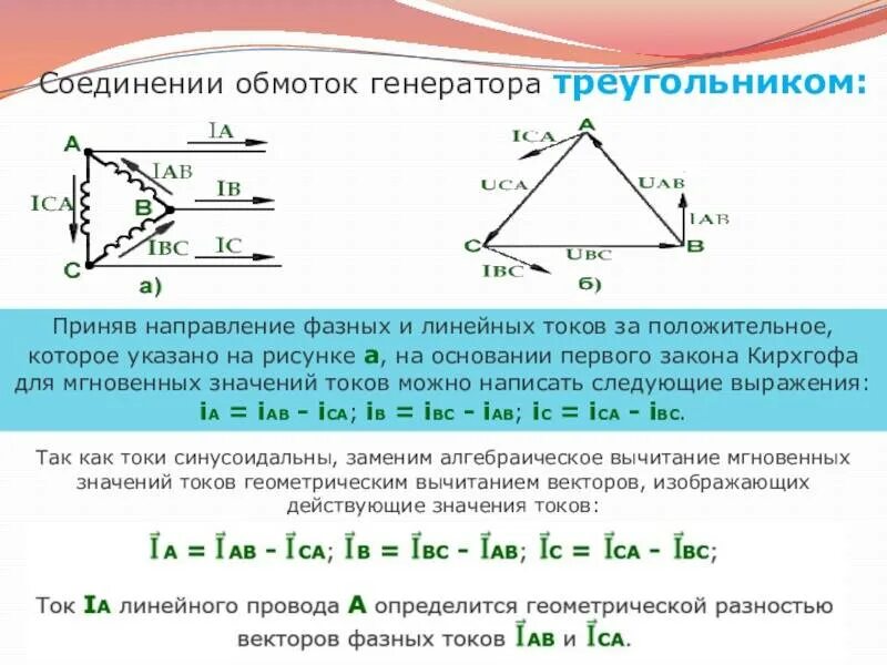 Линейные и фазные токи в треугольнике. Соединение обмоток генератора треугольником. Ток при соединении треугольником. Фазные токи в соединении треугольник.