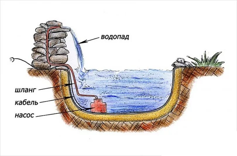 Конструкция водоема. Схема устройства искусственных водоемов. Искусственный водоем конструкция. Схема пруда с водопадом. Разрез искусственного водоема.