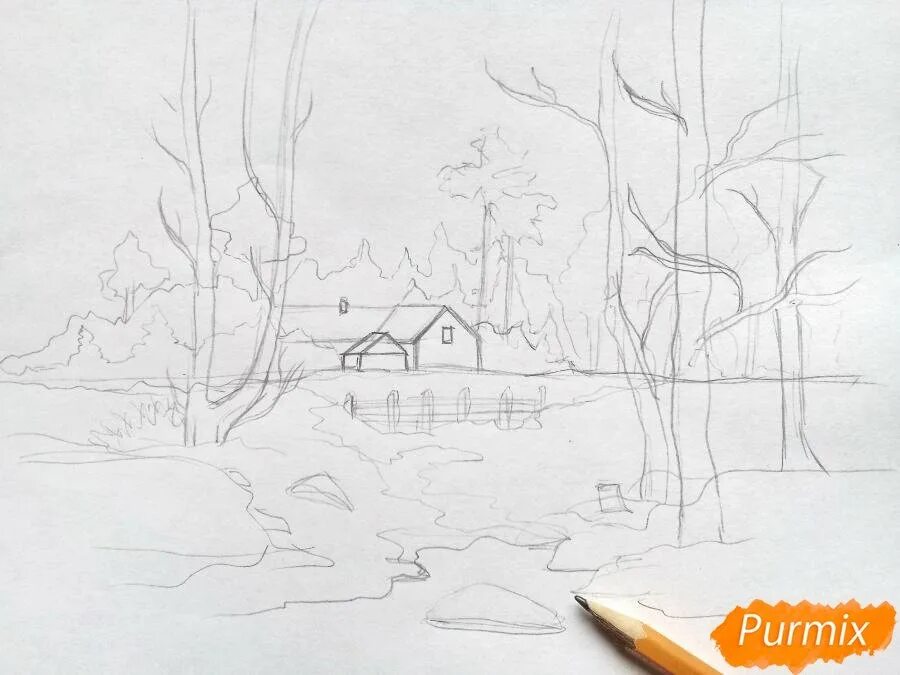 Как нарисовать зиму карандашом легко. Зимний пейзаж рисунок карандашом. пейзаж зимы карандашом. зимний пейзаж карандашом легко. зимний пейзаж эскиз карандашом.