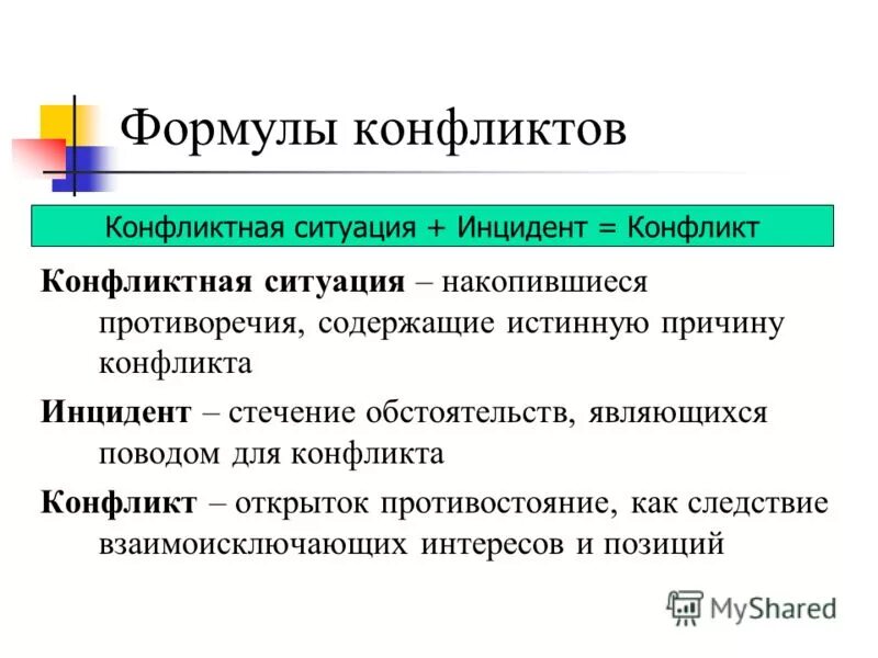 Обоснуйте неизбежность конфликтов в жизни общества. Механизмы формулы развития конфликта. Формула конфликта: конфликт= конфликтная ситуация + …. Формула возникновения конфликта. Формулы конфликтов с примерами.