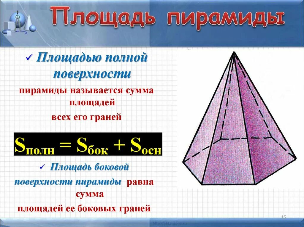 Свойства площади поверхности. Площадь поверхности пирамиды формула. Площадь боковой развертки пирамиды. Формулы пирамиды 5 класс. Площадь полной поверхности пирамиды.