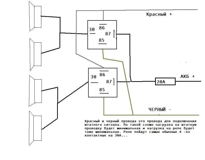 Схема подключения сигналов через реле 5 контактное. Схема подключения реле к 2 сигналам. Схема подключения сигнала Волги через реле. Схема подключения звукового сигнала через реле ВАЗ 21213.