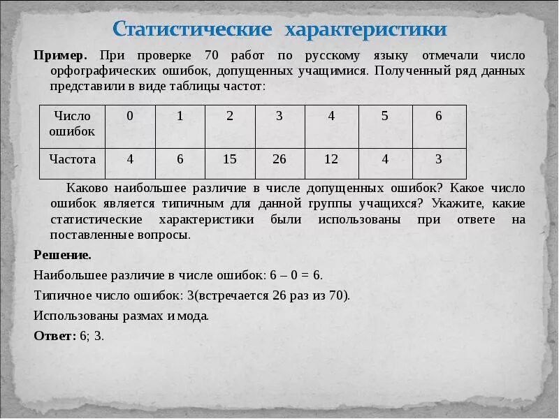 Статистические характеристики примеры. При проверке контрольных работ отмечали число ошибок. При проверке 70 контрольных работ. Статистические характеристики 8 класс. Частота цифры 4