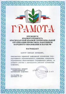 Почетная грамота профсоюза