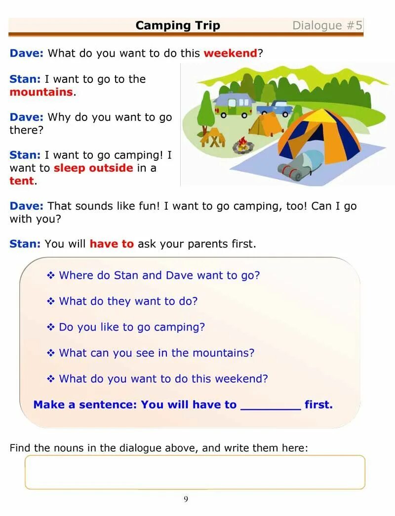 Camp go camping перевод. Урок английского Camping. Short dialog about trip for Kids с переводам. Camping текст. Camping ESL.