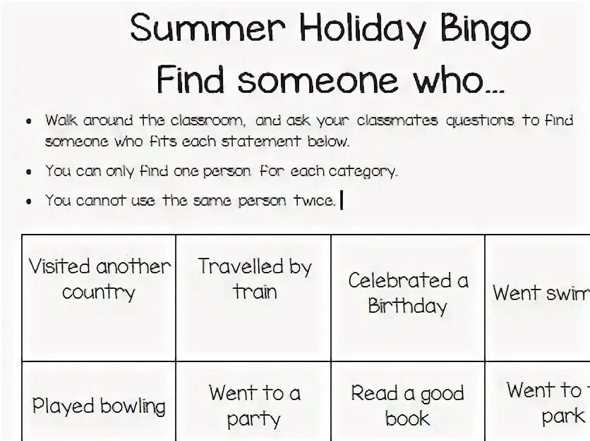 Find someone who Bingo Summer. Find someone who Bingo Worksheets. Find someone who Summer Holidays. Summer Holiday activities Bingo.