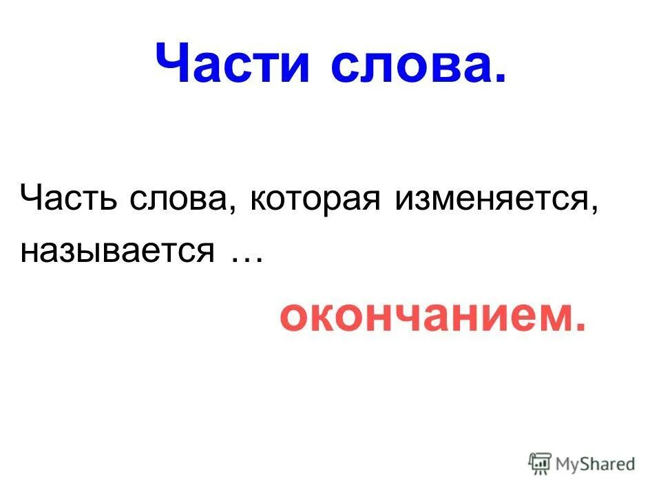 Часть слова до окончания 6. Части слова. Часть слова которая изменяется. Часть слова которая изменяется называется окончанием. Части слова правила.