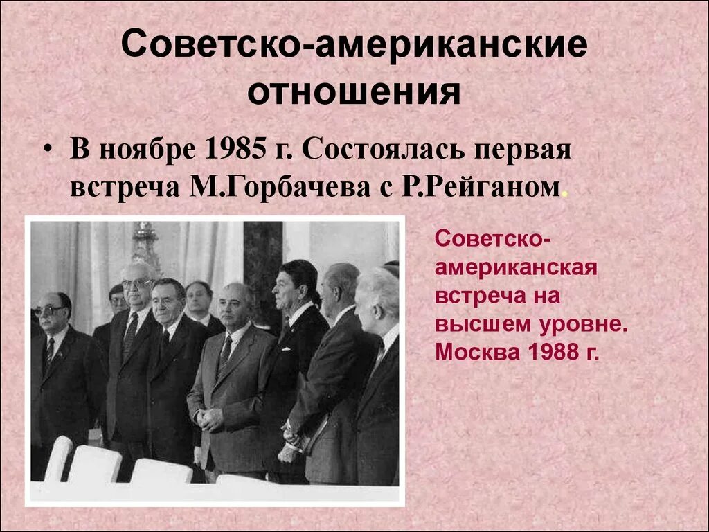 Советско-американские отношения 1985-1991. Горбачев 1985 перестройка. Советско американская встреча на высшем уровне Москва 1988г. СССР Горбачев в 1985.