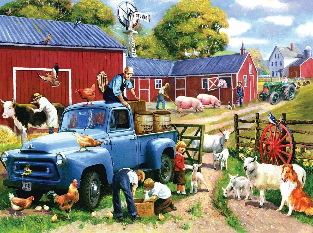 He lives on the farm. Животные на ферме. Ферма иллюстрация. Ферма картина. Живопись ферма с животными.
