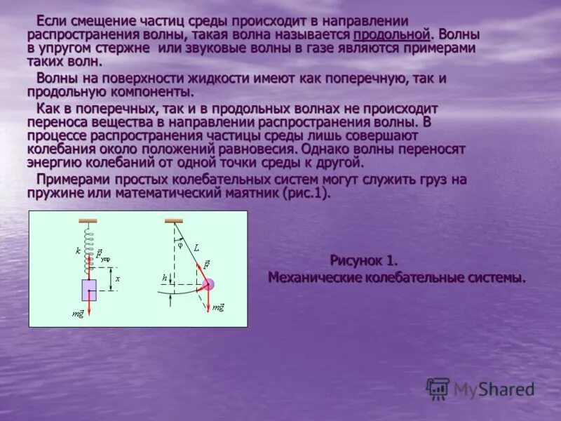 Каких направлениях совершаются колебания в продольной волне. Математический маятник. Упругие волны в стержнях. Смещение частиц от положения равновесия. В направлении распространения волны в среде происходит перенос.