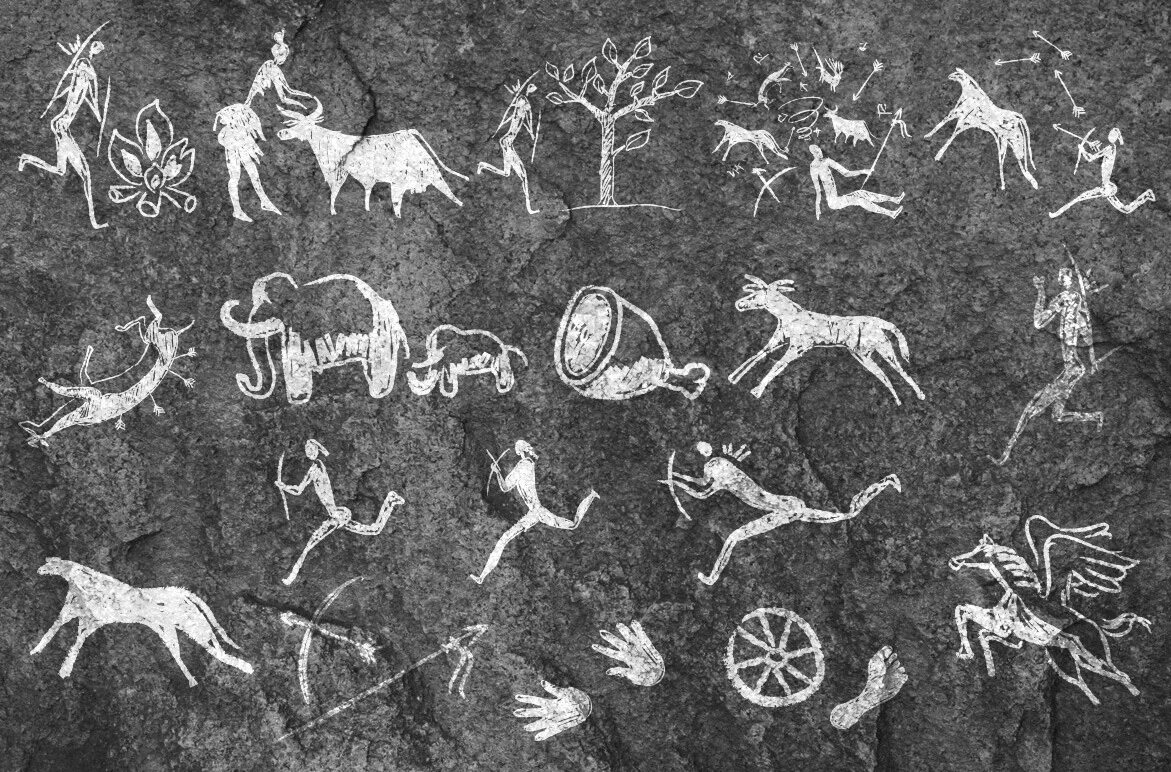 Пиктограммы древних людей. Первые наскальные рисунки первобытных людей. Петроглифы мезолита. Древние наскальные рисунки людей первобытных людей. Пиктография неолита.