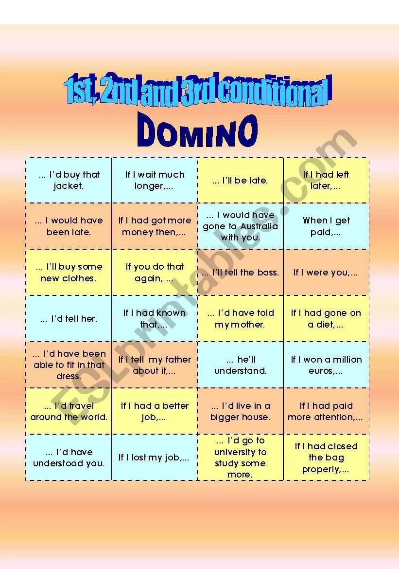 2 conditional speaking. Conditionals Dominoes. 1st 2nd 3rd conditional. Zero conditional speaking. First conditional Dominoes.