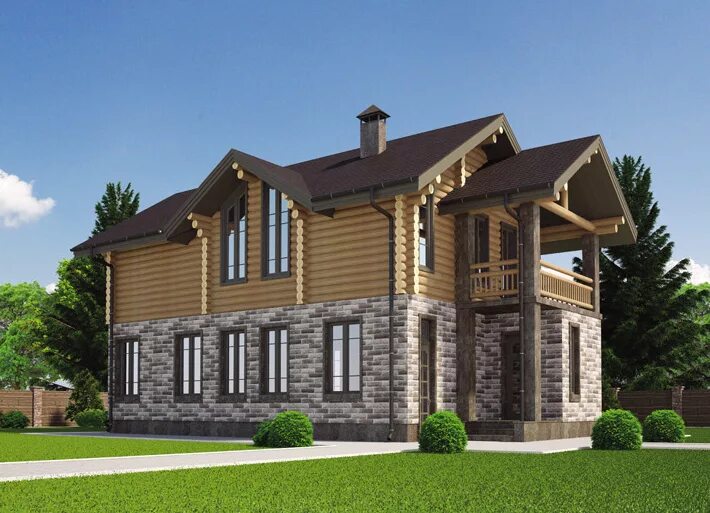 дом шале каменный в канаде. дом из оцилиндрованного бревна шале 250 м2. комбинированный дом из кирпича и бревна. дом кирпично бревенчатый. фасад камень и дерево.