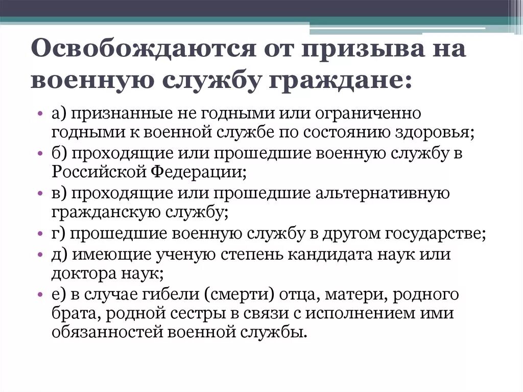 Основания для освобождения от призыва на военную службу. ОО призывап на военную службу освобождатся граждане. Кто освобожден от призыва на военную службу. Категории граждан освобожденных от призыва на военную службу.