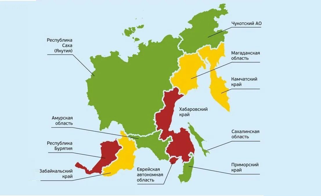 Самый большой субъект дальнего востока. Состав Дальневосточного федерального округа на карте. Дальний Восток карта субъектов РФ. Дальневосточный федеральный округ состав на карте России. Дальневосточный федеральный округ на карте России 2021.