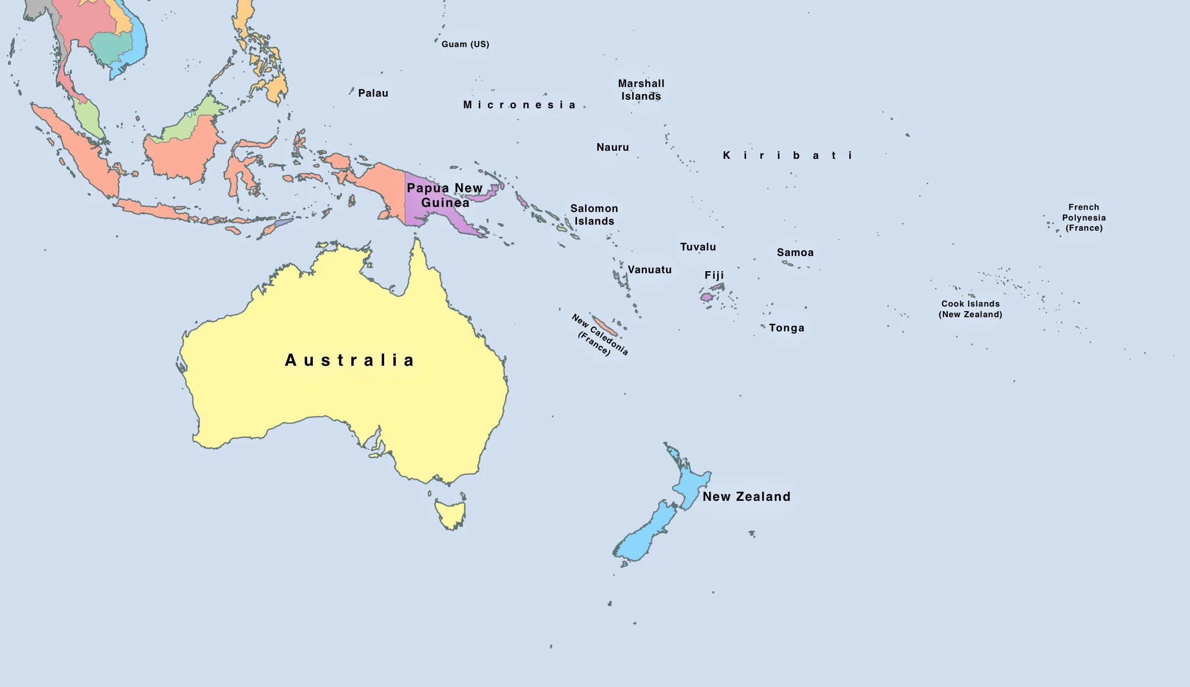 Страны океании австралия и новая зеландия. Политическая карта Океании. Полит карта Океании. Полит карта Австралии и Океании. Политическая карта Австралии и Океании со странами.