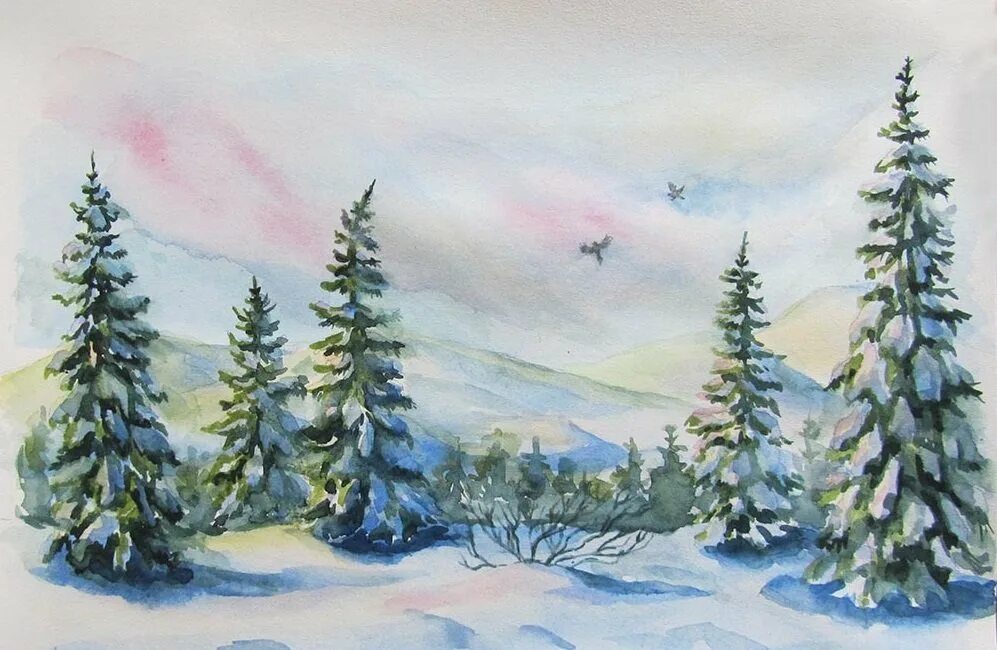 Зимний пейзаж рисование для детей. Рисунок на тему зима. Зарисовки зимы. Легкий зимний лес. Рисование с детьми зимний лес.