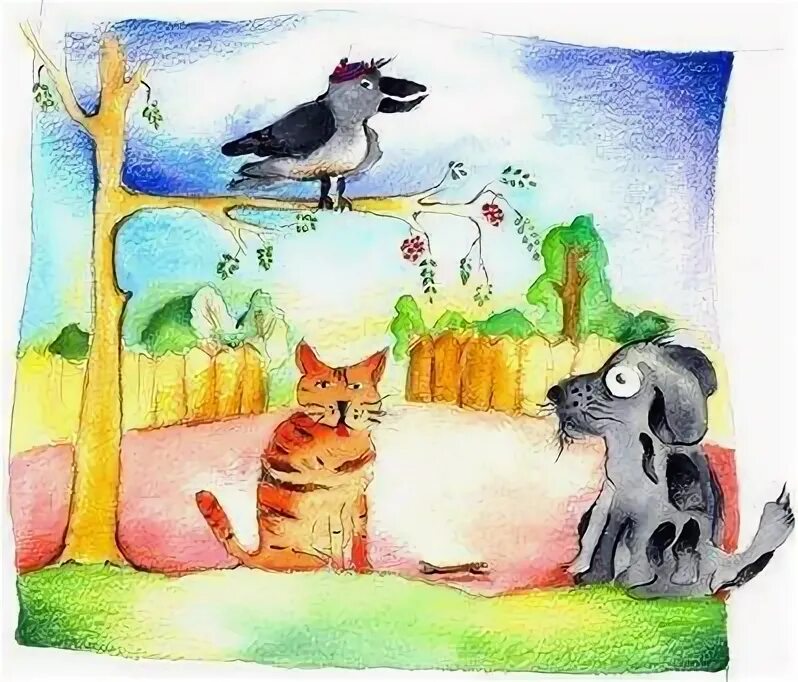 Ворон и котёнок иллюстрация. Озорной кот и ворона. Картина щенок и ворона. Котенок и щенок рисунок. Сказка уголек ворона