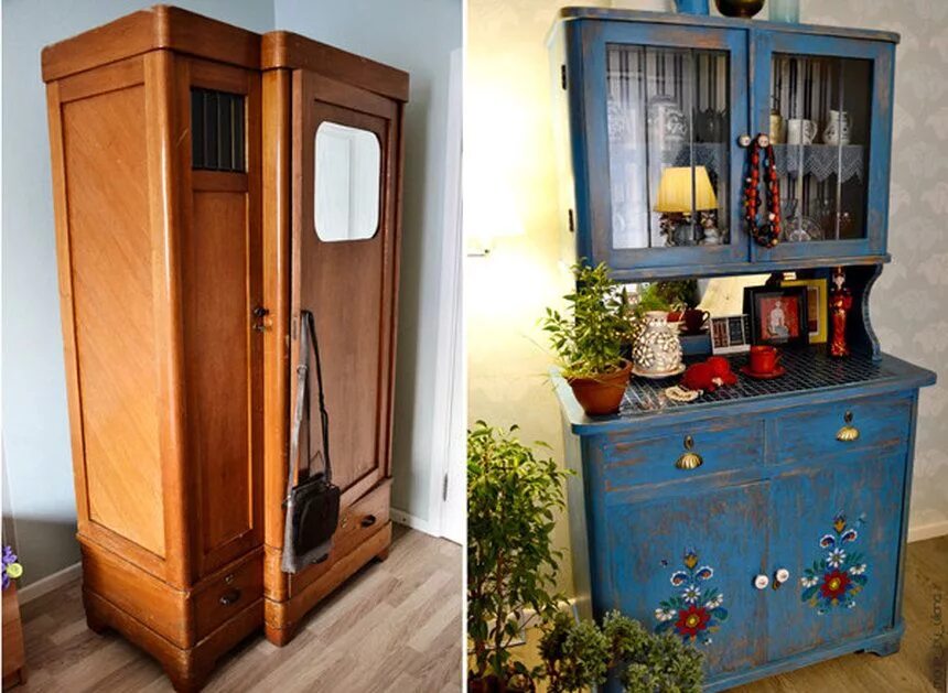 Декорирование старого чемодана. Декупаж мебели. Как сделать дизайн старого. Необычный декор шкафа. Холодильник в стиле английской телефонной будки.