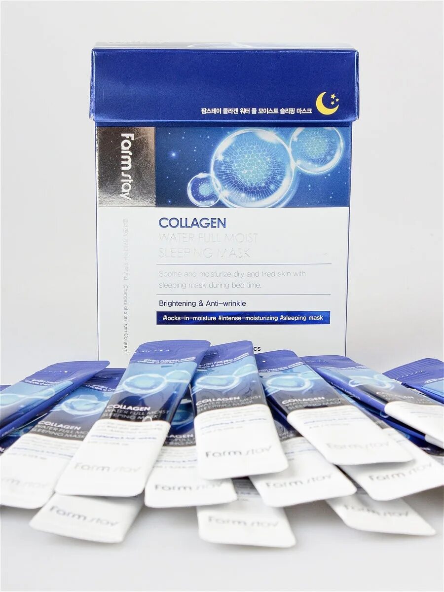 Ночная маска collagen. Увлажняющая ночная маска в саше с коллагеном Farmstay Collagen (4 мл* 20 шт). Увлажняющая ночная маска с коллагеном Farm stay Collagen Water Full moist sleeping Mask. Фармстей ночная маска с коллагеном. Ночная маска Farm stay коллаген, саше 4мл.