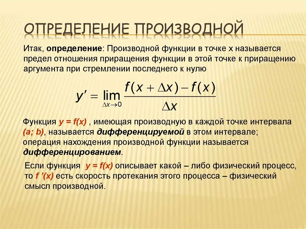 Производная функция 7x 5. Сформулируйте определение производной функции. Определение первой производной. 1. Определение производной функции.. 1. Понятие производной функции.