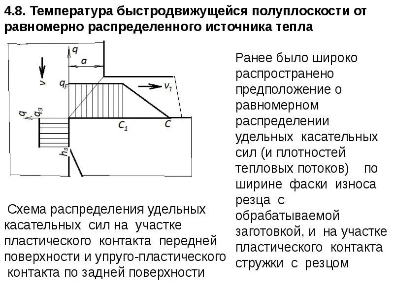 Температура технологического процесса. Распределение источника тепла. Площадь контакта стружки и передней поверхности инструмента. Равномерное распределение тепла. Упругая полуплоскость постоянные напряжения.