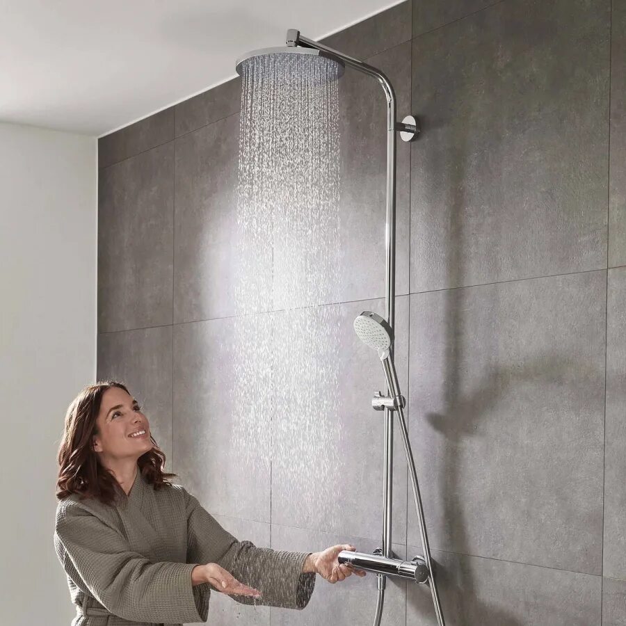 Термостатом верхним душем. 27267000 Hansgrohe. Душевая система Hansgrohe Crometta s 240 1jet Showerpipe 27267000. Душевая стойка Hansgrohe Crometta s 240. Душевая стойка Hansgrohe Crometta е 240 1jet Showerpipe 27271000, термостат.