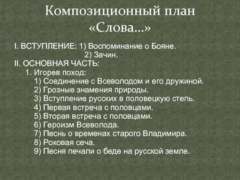 Сложный план история россии 8 класс. Слово о полку Игореве план. Композиционный план слово о полку Игореве 9 класс. План Игоря в слове о полку. План слово о полку.