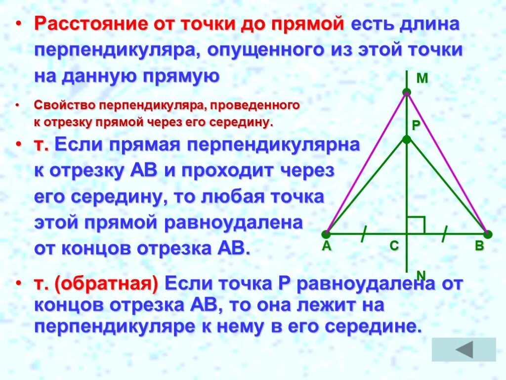 Серединным перпендикуляром к отрезку называется прямая. Расстояние от точки до прямой это перпендикуляр. Перпендикуляр от точки к прямой. Перпендикуляр и Наклонная расстояние от точки до прямой. Перпендикуляр к прямой доказательство.