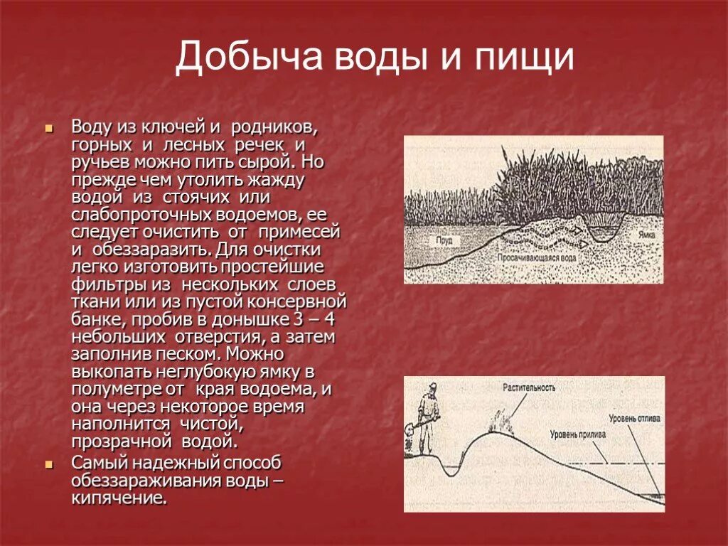 Добыча жидкости. Способы добычи огня пищи и воды. Способы добывания воды и пищи. Способы добычи воды. Добыча воды и пищи в автономных условиях.