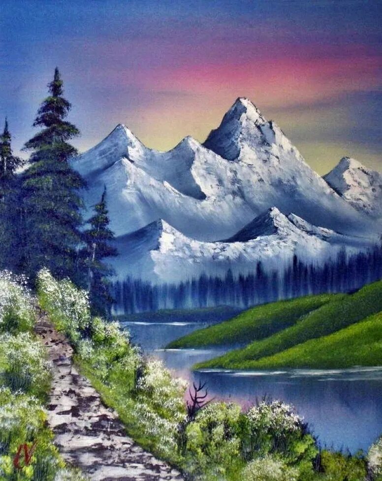Рисунок красивых гор. Картина Боба Росса горы море. Картины горы акрилом Боба Росса. Картины Боба Росса горы Аляски. Картина горы.